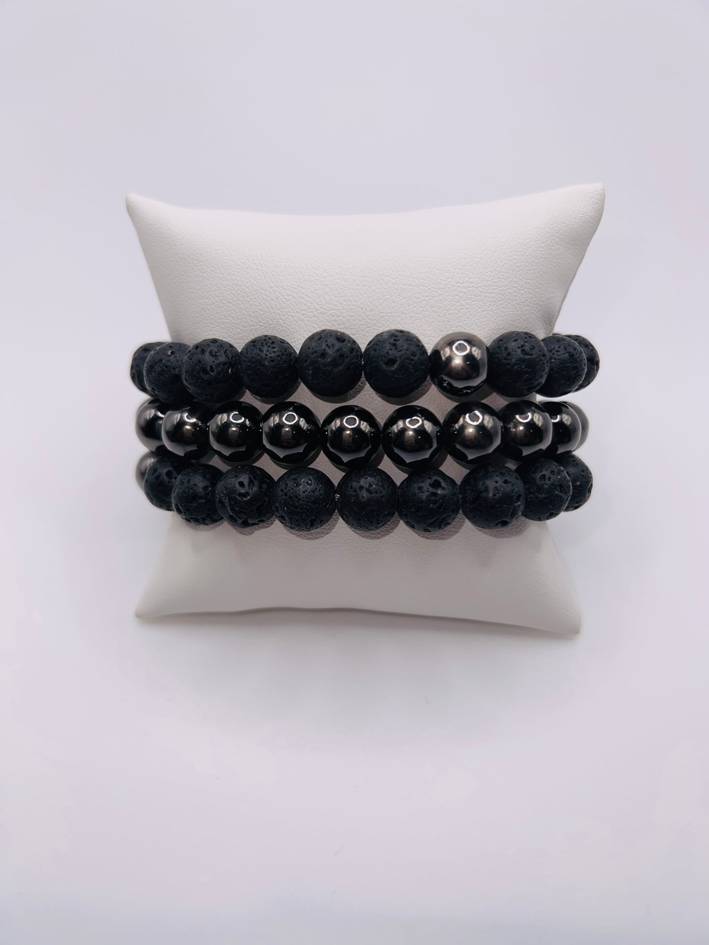 Men’s Black Beaded Lava Rock Bracelet Set