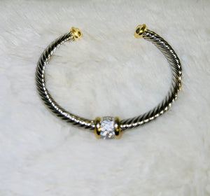 Pave CZ Two Tone Cable Wire Bracelet